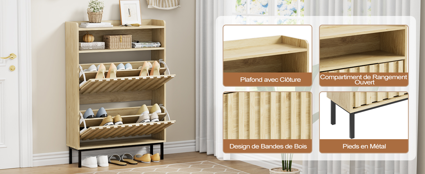 Présentoir de mobilier moderne présentant différentes configurations d'armoires dans des tons de bois foncé, moyen et clair avec des motifs linéaires épurés sur un mur neutre.