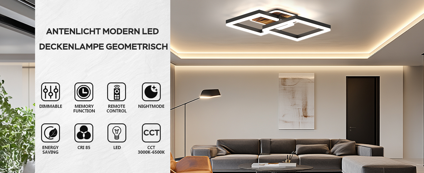 Moderne geometrische LED-Deckenleuchte, installiert im modernen Wohnzimmer, mit Steuersymbolen, die verschiedene Beleuchtungsmerkmale und Funktionen anzeigen.