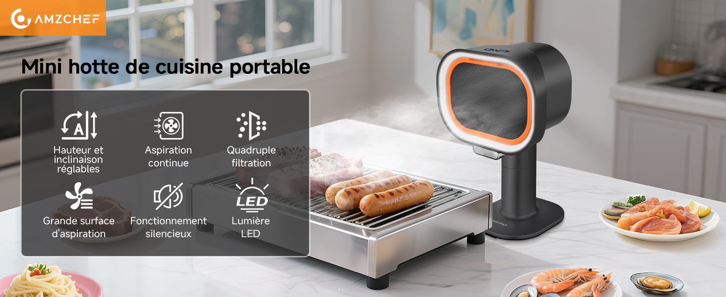 Le texte indique « Mini hotte de cuisine portable ». Série d'icônes illustrant les caractéristiques du produit, notamment la ventilation et la portabilité. Hotte de cuisine portable montrée en cours d'utilisation.