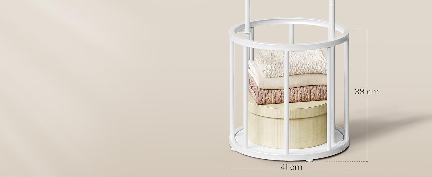 Organisateur de rangement rotatif cylindrique avec cadre blanc, design en acrylique transparent montrant plusieurs compartiments. Dimensions indiquées comme 28 cm de hauteur et 4 cm de largeur.