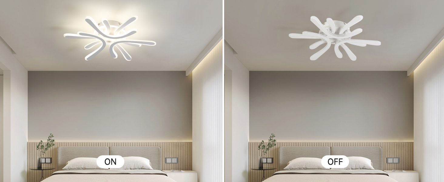 Serie von Deckenleuchten mit stern- oder schneeflockenförmigen Mustern in Weiß, die in einem modernen, minimalistischen Stil an einer hellen Decke angeordnet sind.