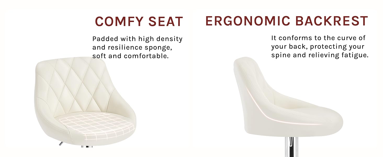 White upholstered chair with quilted pattern. Features include a padded seat with high-density sponge and an ergonomic backrest designed to support the spine's curve.