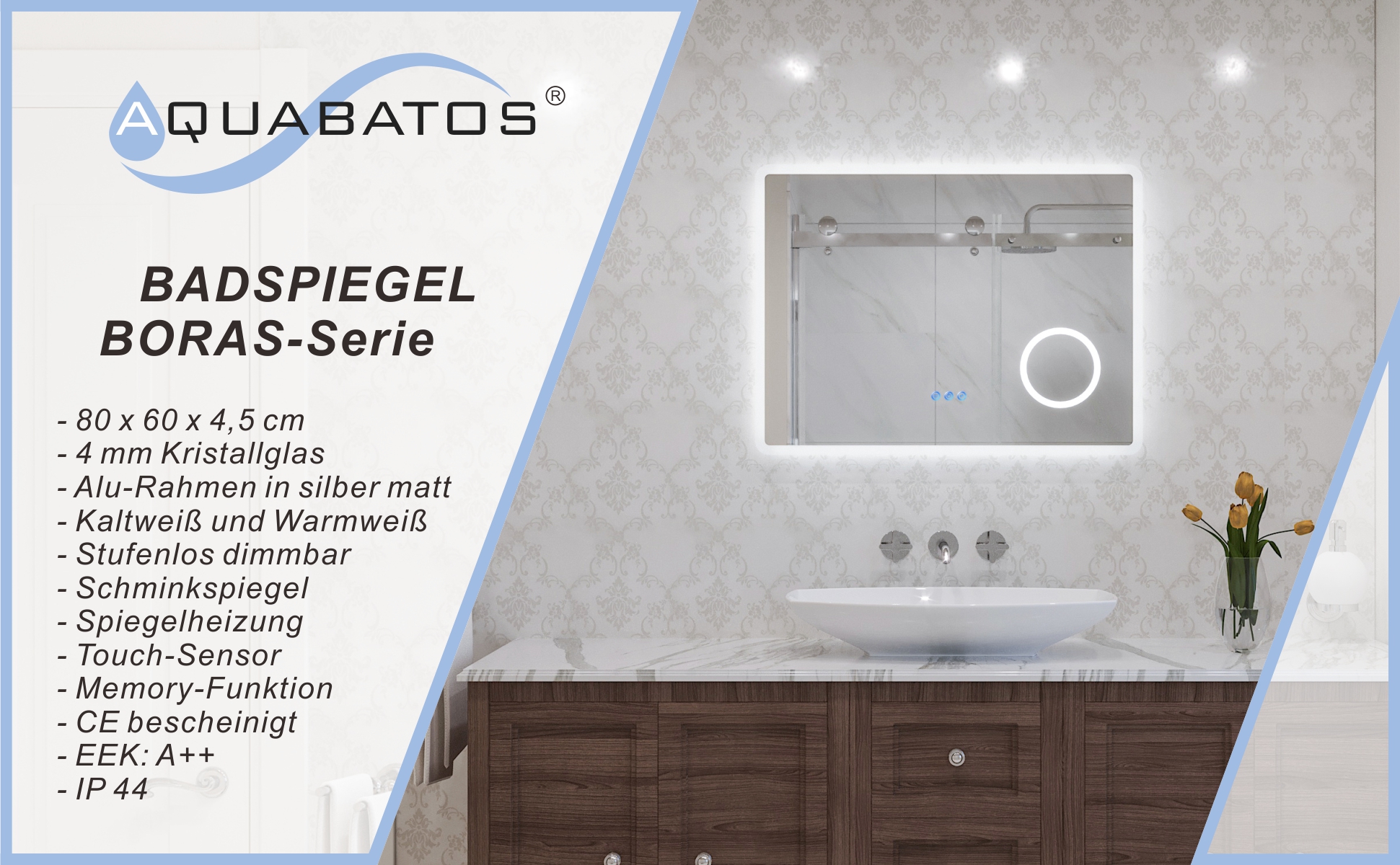 LED Badspiegel Beleuchtet mit Kosmetikspiegel 80x60cm BORAS Typ D