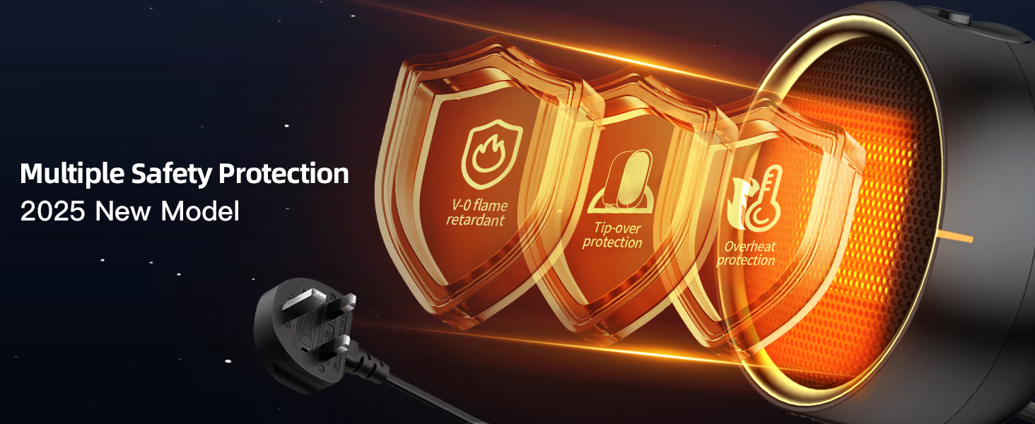Text reads 'Multiple Safety Protection 2026 New Model'. Illustration showing three glowing orange safety shield icons inside a cylindrical tube design.