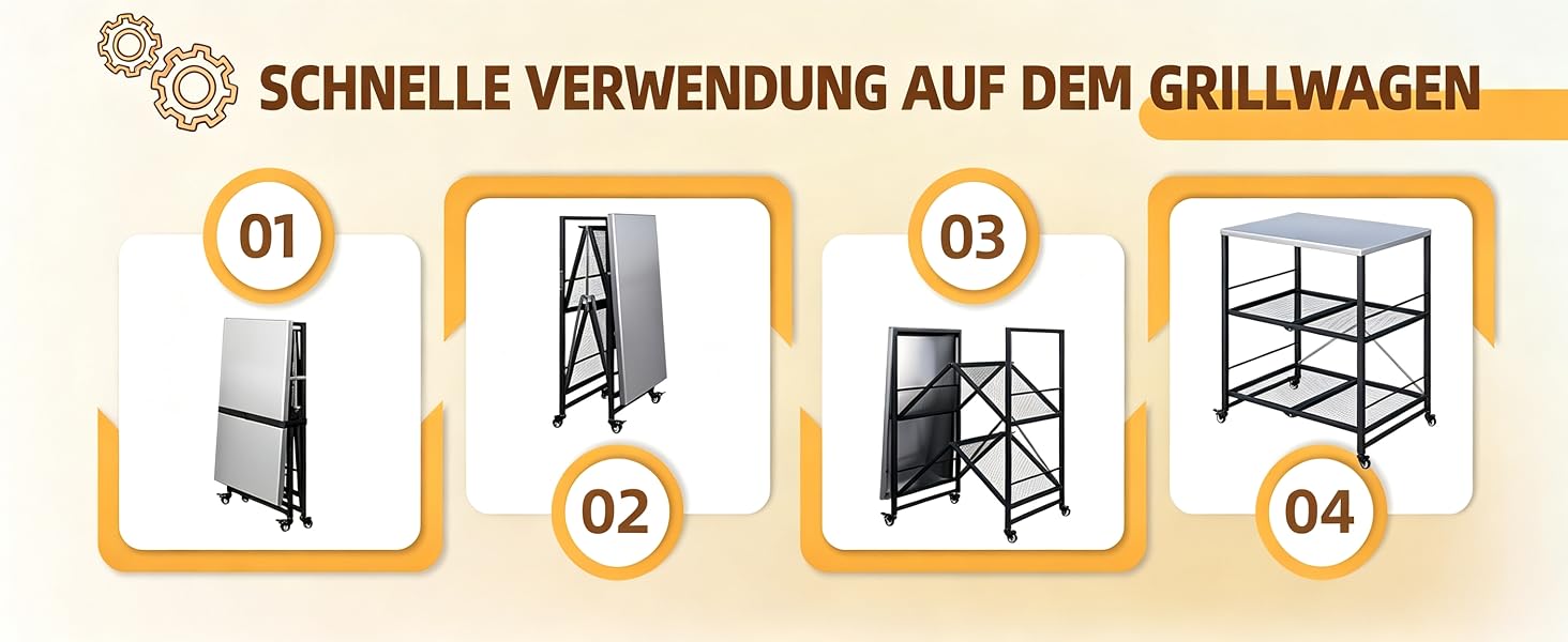 Der Text lautet „SCHNELLE VERWENDUNG AUF DEM GRILLWAGEN“. Die nummerierten Schritte 01-04 zeigen den Montage- oder Installationsvorgang. Vier orange umrandete Anleitungssymbole zeigen die einzelnen Montagephasen des Metallgerüsts oder der Struktur des Grillwagens an.