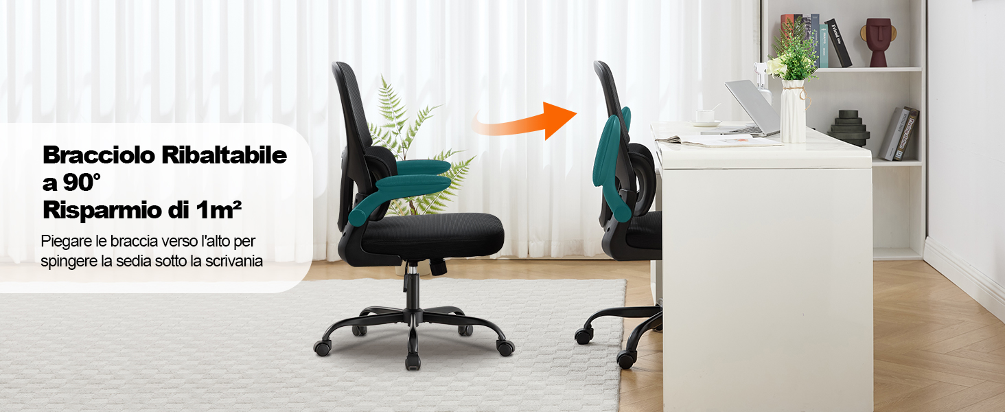 Il testo recita «Bracciolo Ribaltabile a 90° Risparmio di 1m²». Sedia da ufficio con rivestimento verde mostrato con una freccia che indica la caratteristica del bracciolo pieghevole.