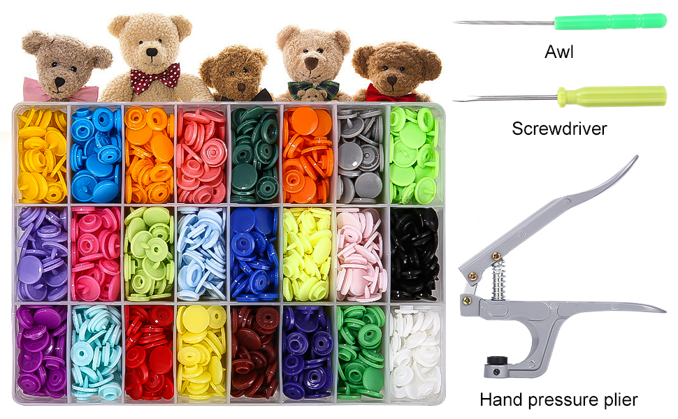 Colori arcobaleno, bottoni automatici in plastica e bottoni automatici con bottoni automatici in metallo, set di pinze per cucire vestiti, bavaglini(300 set di bottoni automatici + strumenti