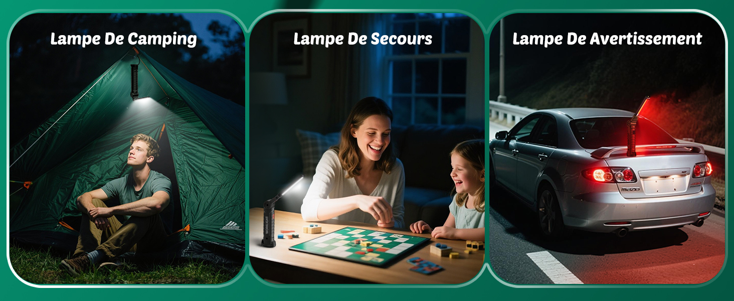 Le texte se lit comme suit : « Lampe De Camping, Lampe De Secours, Lampe De Avertissement ». Image à trois panneaux montrant la lumière de camping près de la tente, l'éclairage de secours pour la lecture et l'utilisation des voyants d'avertissement de voiture.