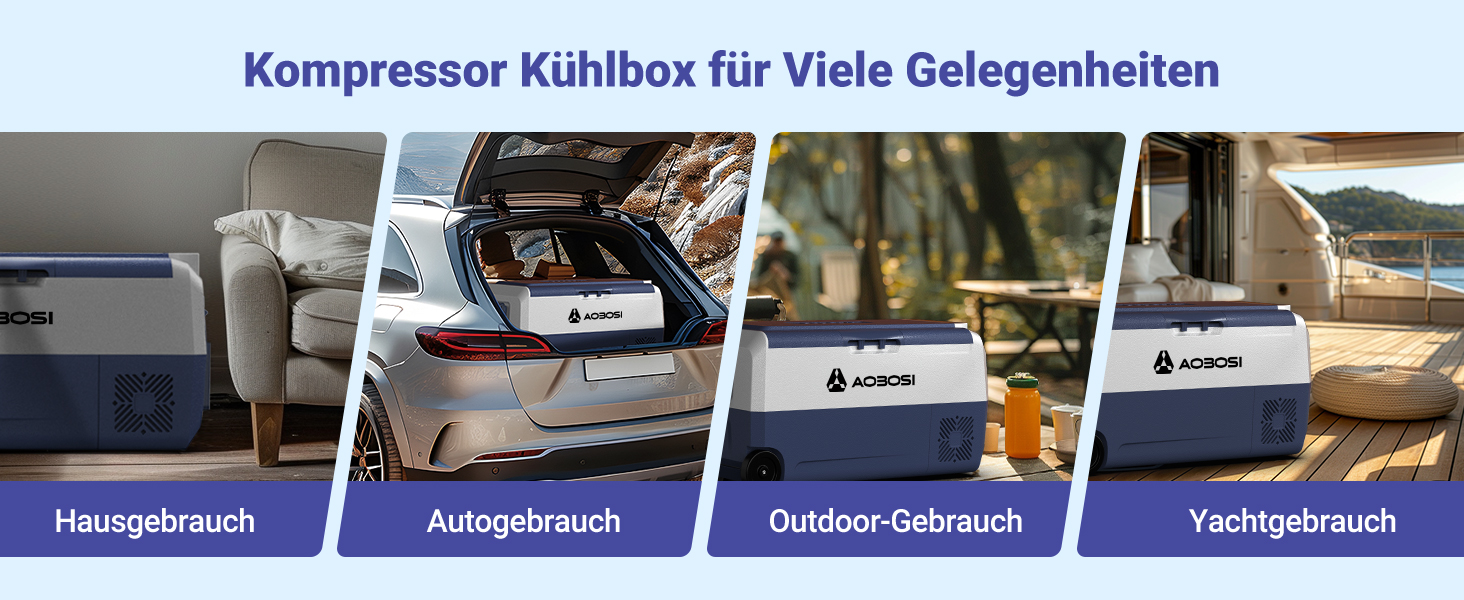 Die Kompressor-Kühlbox wurde für mehrere Verwendungszwecke beworben: zu Hause, im Auto, im Freien und auf der Yacht. Vier Bilder zeigen das Produkt in verschiedenen Umgebungen