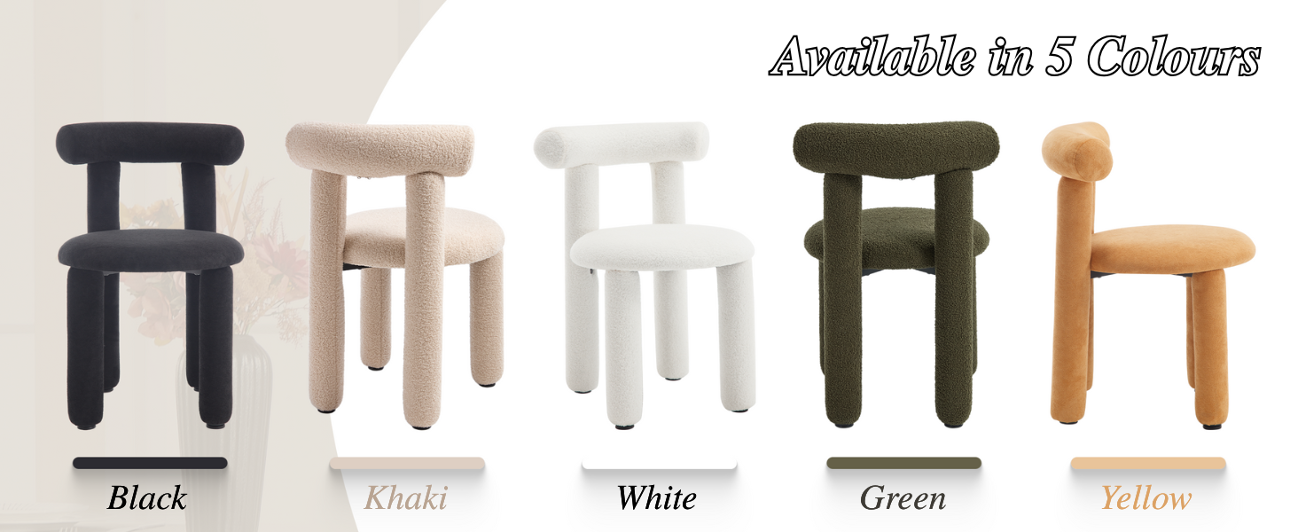 Text reads 'Available in 5 Colors'. Display of five modern chairs in different colors: black, white, gray, dark green, and tan, arranged in a row.