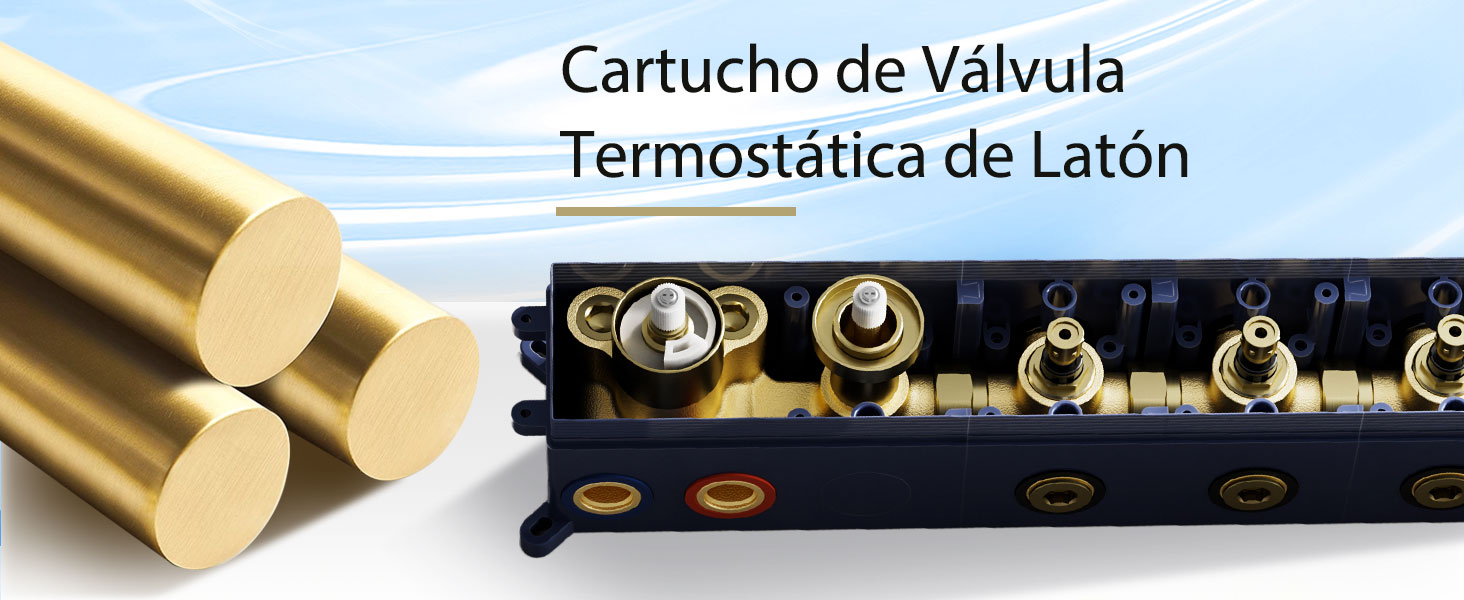 El texto dice «Cartucho de Válvula Termostática de Latón». Imágenes en primer plano de cartuchos y componentes de válvulas termostáticas de latón.