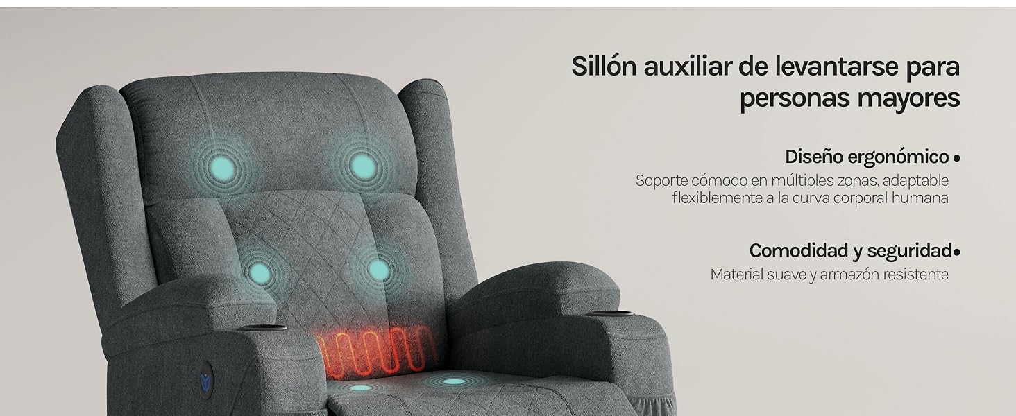 con respaldo y reposabrazos capitonados. Cuenta con un cojín rojo para soporte lumbar. Diseñado para ayudar a personas mayores con una forma ergonómica y una función de levantamiento.