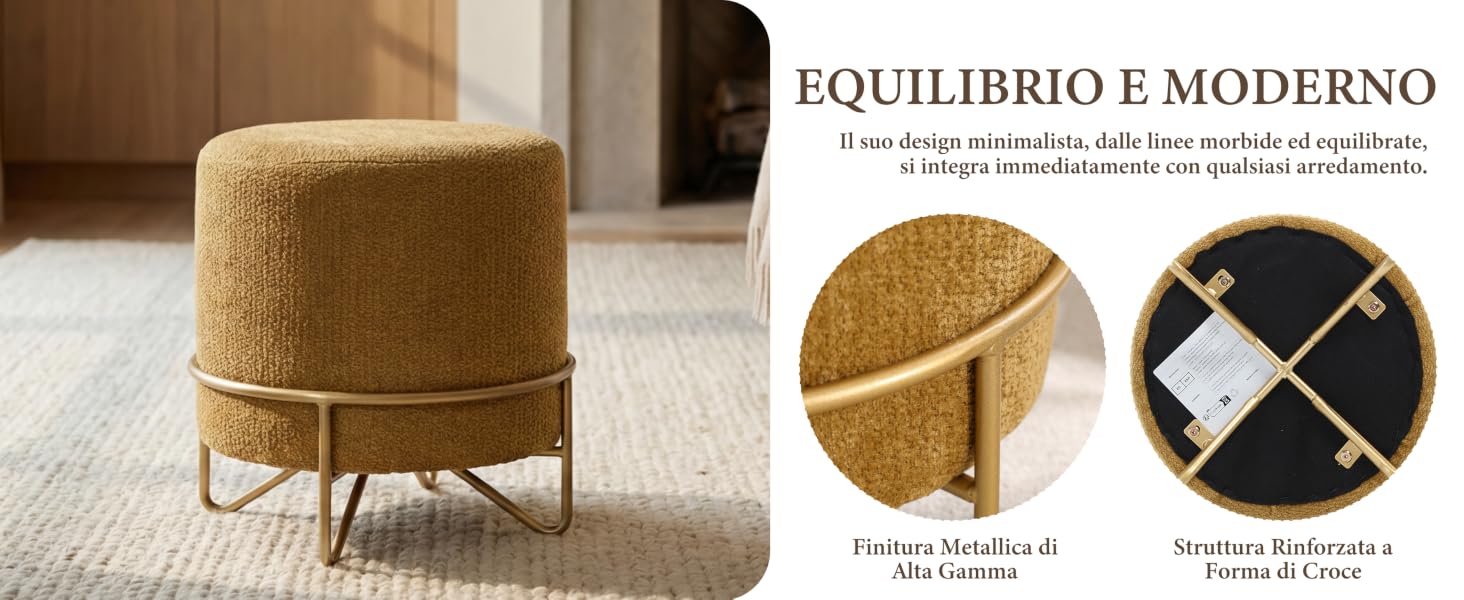Il testo recita «EQUILIBRIO E MODERNO». Espositore per mobili moderno con sedie e pouf imbottiti marrone chiaro/beige con disegni curvi su uno sfondo neutro.