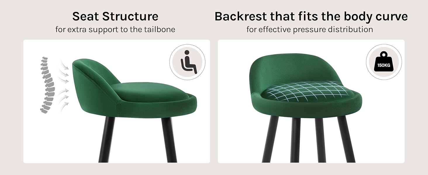 Green upholstered chair with curved backrest, showing seat structure for extra support and body-fitting design for pressure distribution. Features black legs and a padded seat.