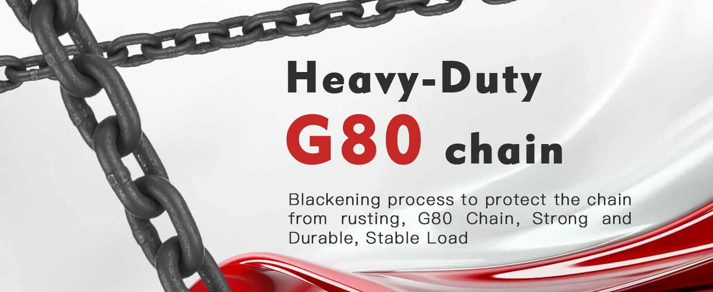 Le texte indique « Chaîne G80 robuste ». Publicité de produit montrant des maillons de chaîne industriels noirs sur fond blanc avec un accent graphique rouge.