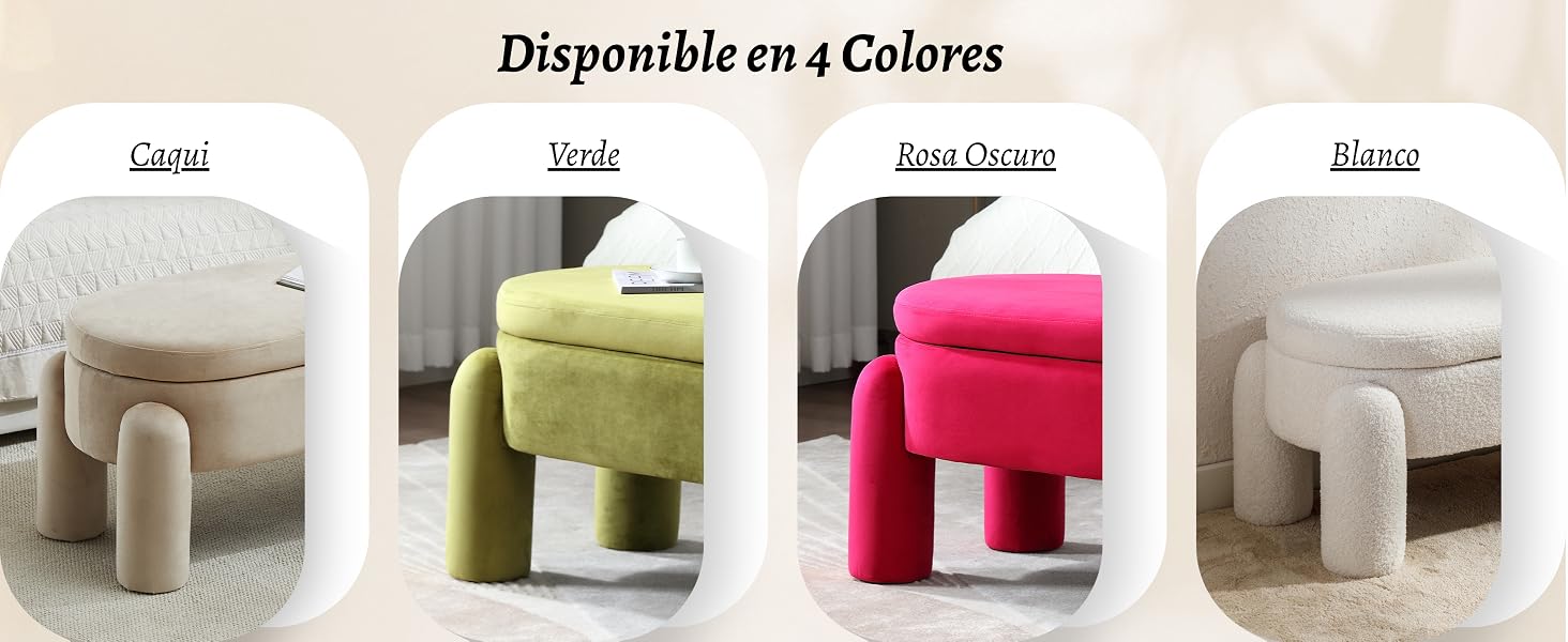 El texto dice «Disponible en 4 colores». Visualización de múltiples opciones de color para lo que parecen ser productos de almacenamiento u organización en variaciones de blanco, beige, verde y rojo.