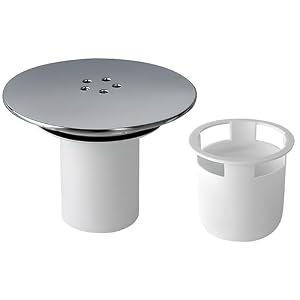 Sink drain assembly with circular stainless steel cover plate featuring multiple small holes. Includes white plastic cylindrical trap component with flanged top edge.