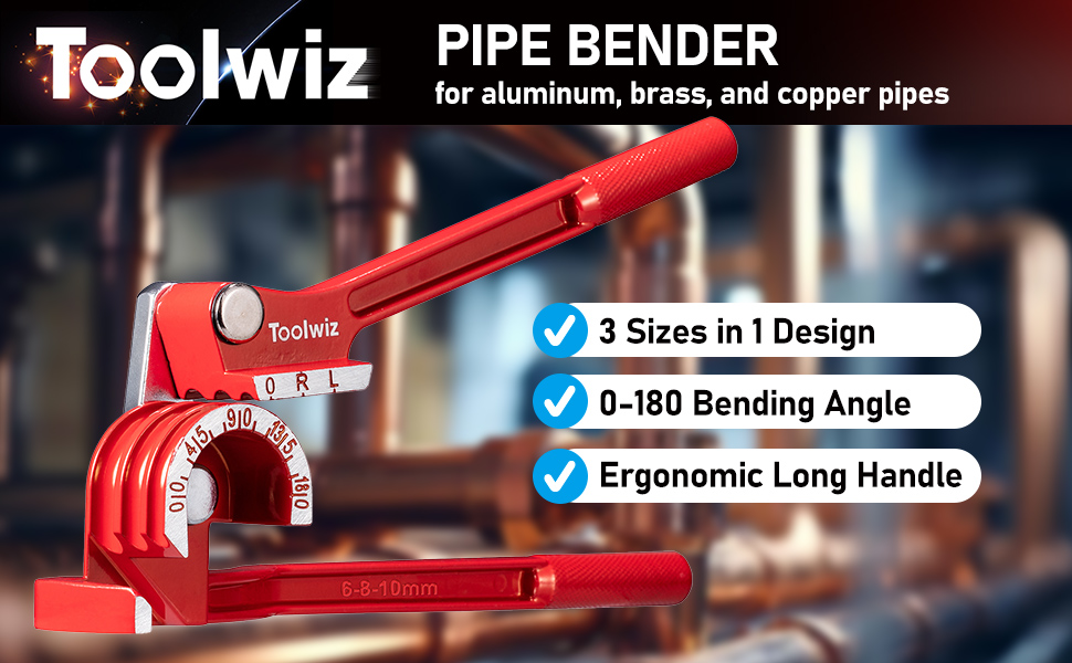 Text reads 'Toolwiz PIPE BENDER for aluminum, brass, and copper pipes' '3 Sizes in 1 Design' '0-180 Bending Angle' 'Ergonomic Long Handle'. Red metal pipe bending tool shown against dark background.