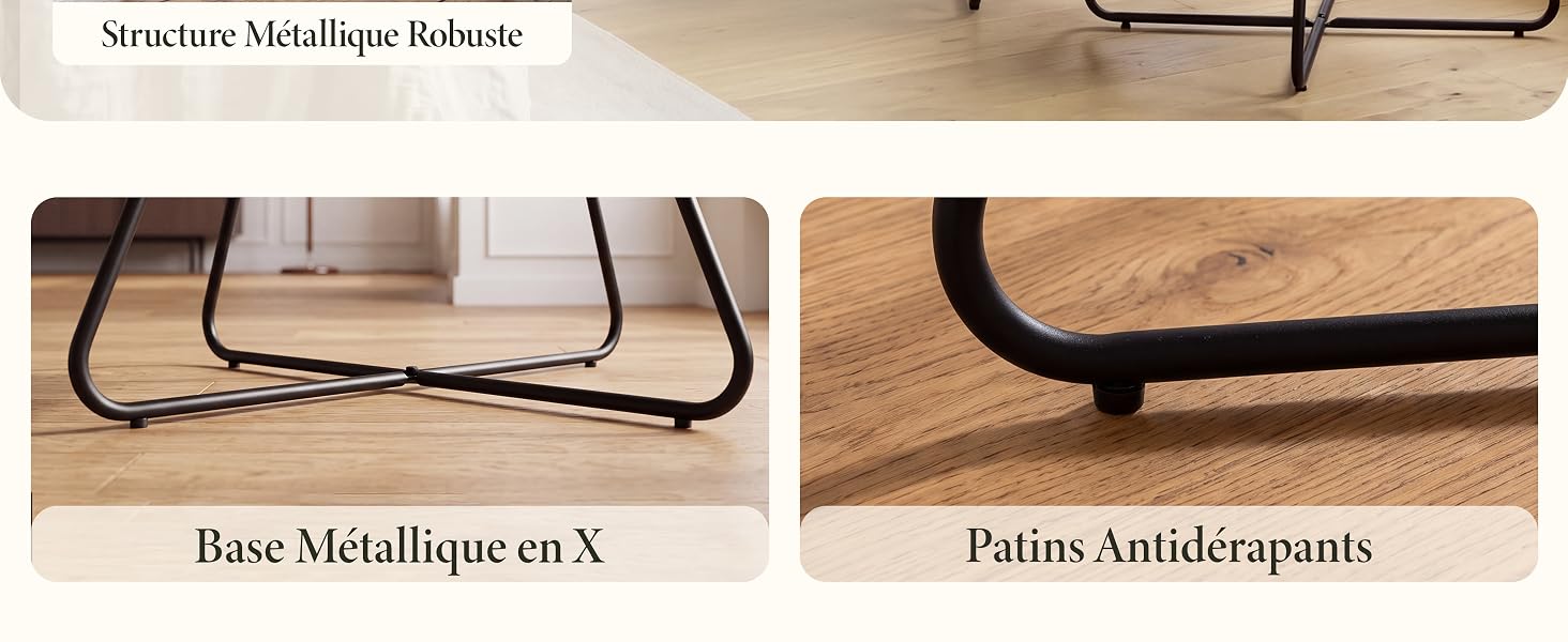 Le texte indique « Strutture Metalliche Robuste », « Base Metallique en X » et « Patins antidérapants ». Trois vues détaillées montrant les composants structuraux métalliques et les pieds antidérapants de la base du produit.