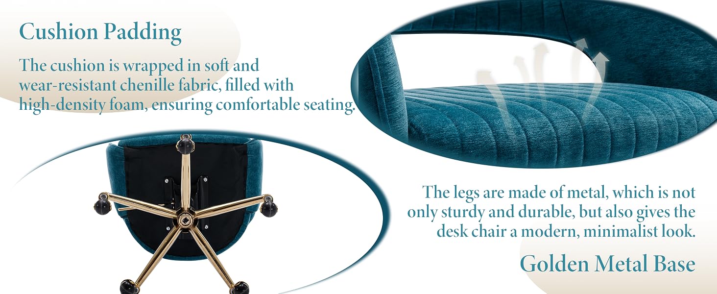 Teal velvet desk chair with circular cushion, golden metal base, and wheels.