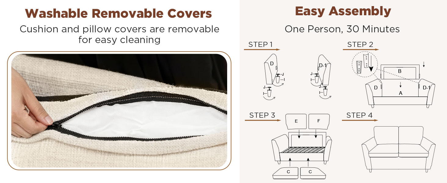 Text reads 'Washable Removable Covers' and 'Easy Assembly'. Technical product diagrams showing assembly instructions and component measurements.