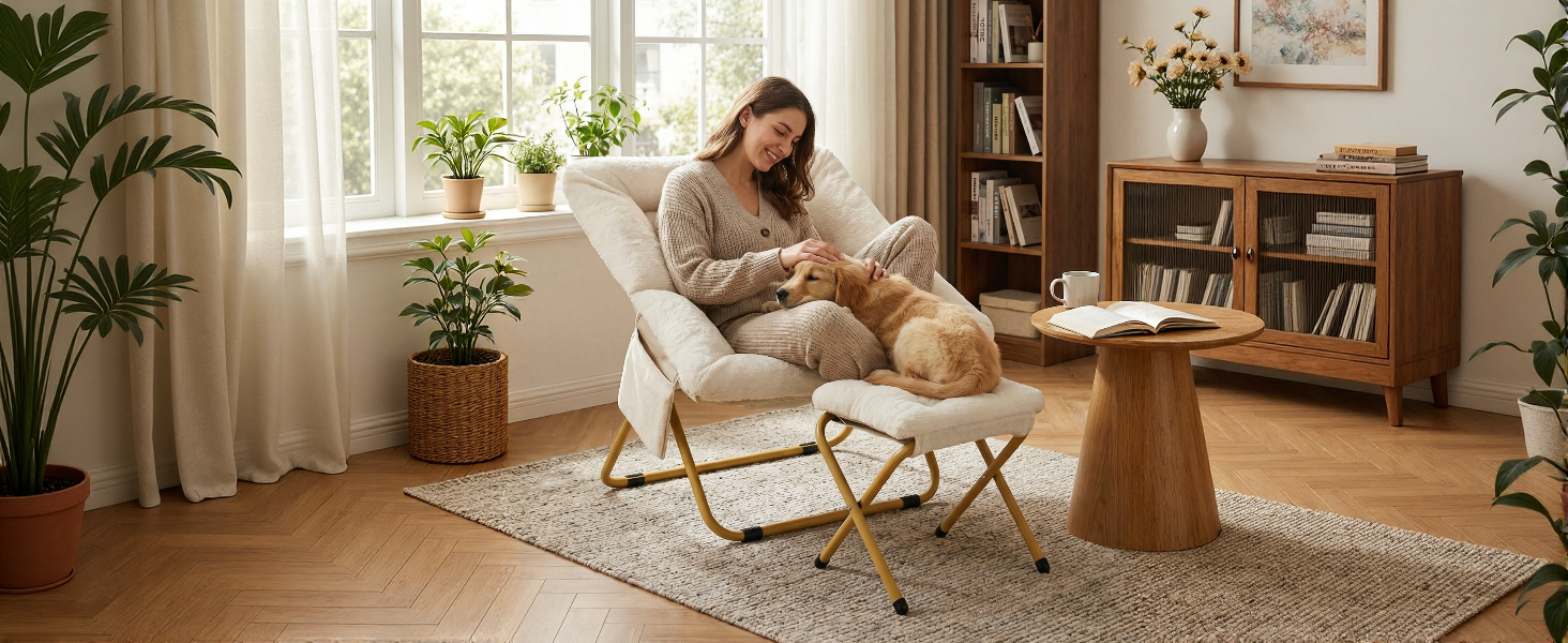 Cozy living room interior with warm lighting showing a rocking chair, wooden furniture, and plants by window. Interior design emphasizes natural elements and comfort.