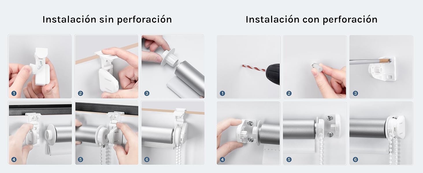 El texto dice «Instalación sin perforación» e «Instalación con perforación».
[SENTENCE 20] Guía de instalación paso a paso que muestra el proceso de montaje de una luminaria de metal plateado con opciones de adhesivo y perforación.