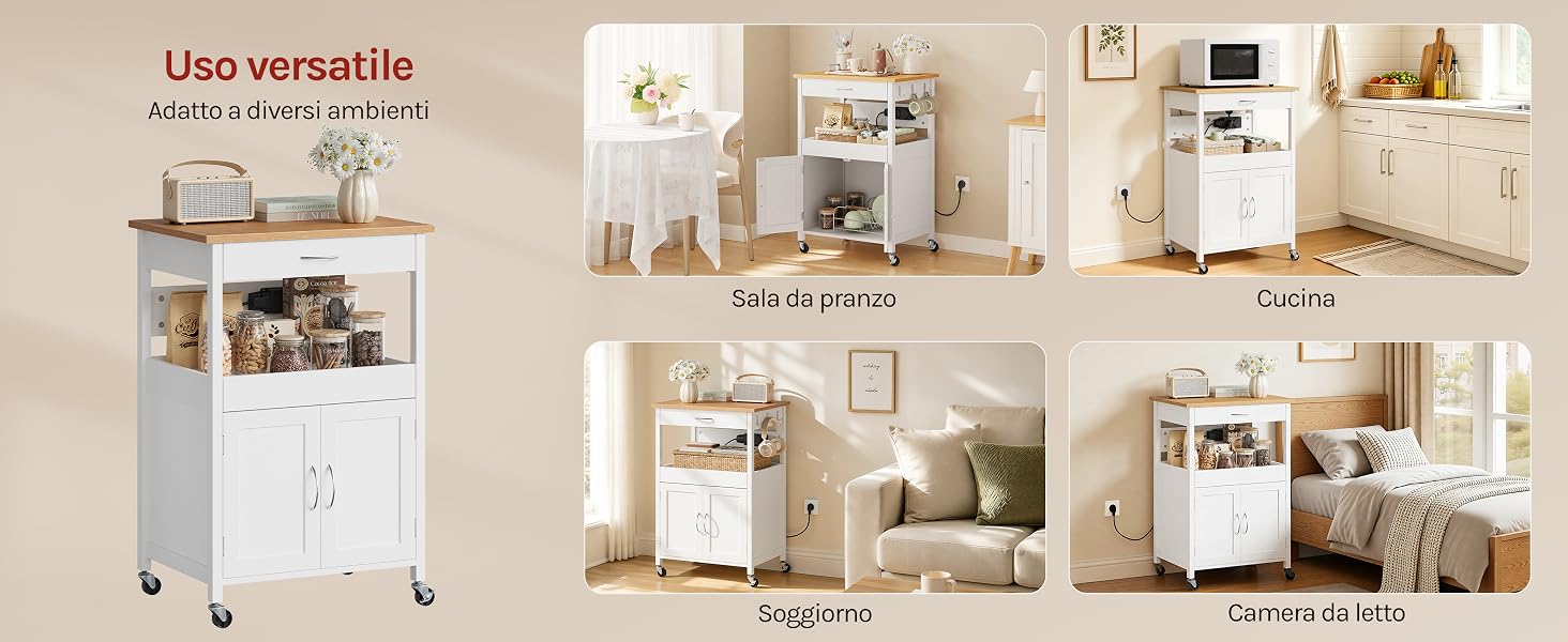 Il testo recita «Uso versatile», «Mit unsere mobile». Disposizione a più pannelli che mostra mobili contenitori modulari bianchi con scaffali, cassetti e ruote negli ambienti interni della casa.