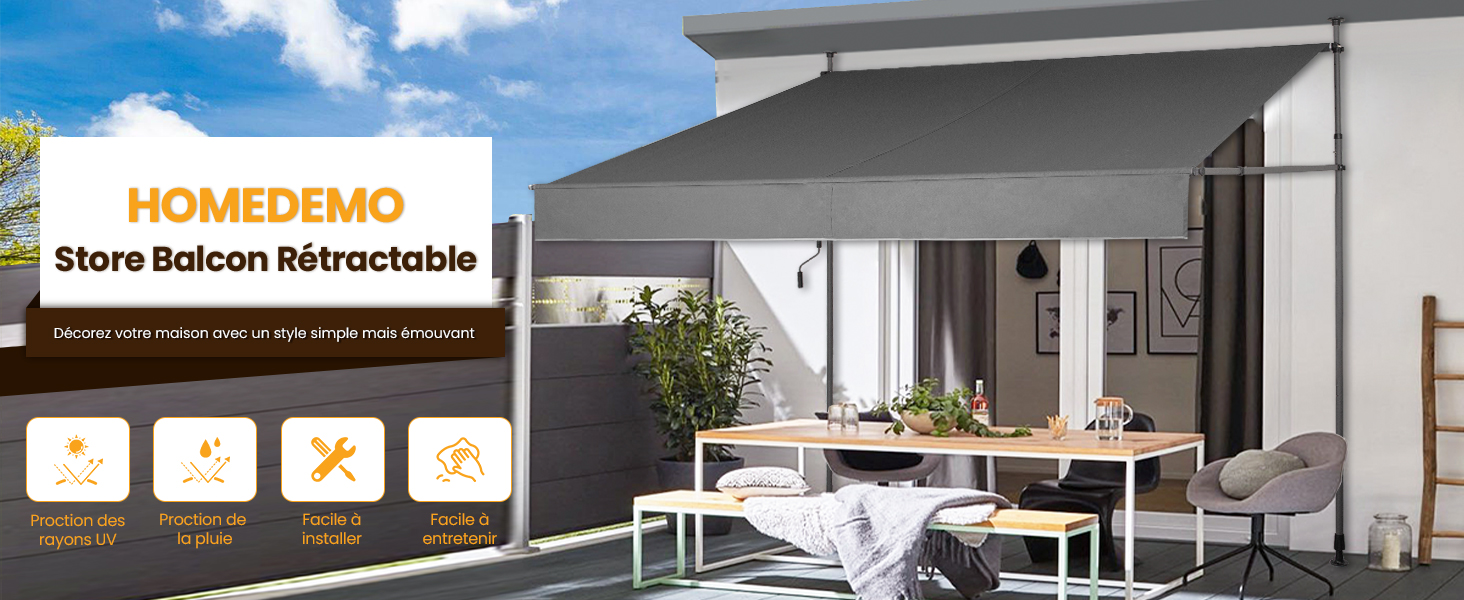 Le texte indique « HOMEDEMO Store Balcón Rétractable ». Scène de patio extérieur avec auvent rétractable au-dessus des meubles de salle à manger installés contre l'extérieur blanc du bâtiment.