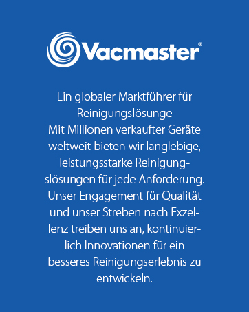 Vacmaster-Logo auf blauem Hintergrund mit deutschem Text, das das Unternehmen als Weltmarktführer für Reinigungslösungen beschreibt und sein Engagement für Qualität und Innovation unterstreicht