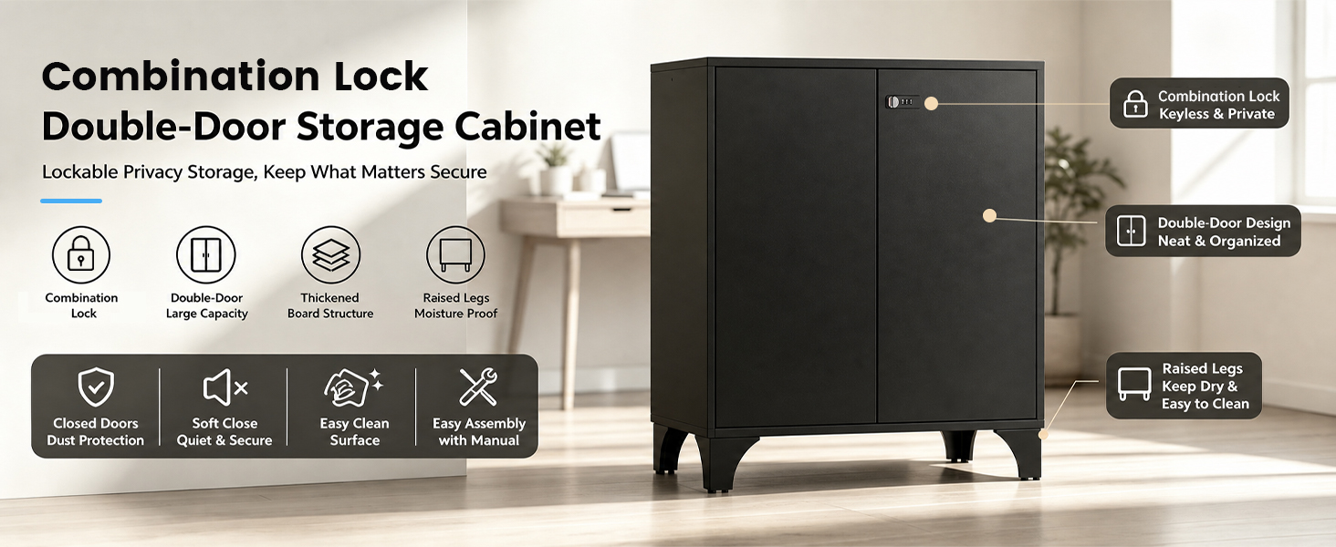 Le texte indique « Armoire de rangement à double porte à verrouillage à combinaison » avec les icônes des produits ci-dessous. Armoire en métal noir avec portes doubles et mécanisme de verrouillage affiché.