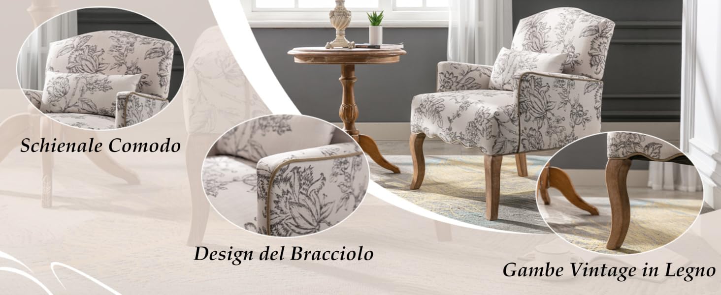 Poltrona a motivi floreali con gambe curve in legno. Il pouf abbinato è mostrato. I primi piani evidenziano il design delle braccia e i dettagli delle gambe. Combinazione di colori neutri con toni di grigio e bianco