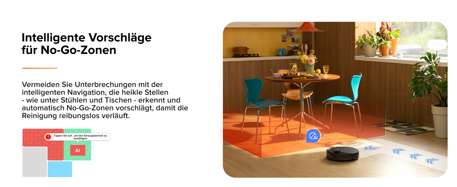 Roboterstaubsauger, der sich auf einem Küchenboden mit definierten Sperrzonen zurechtfindet. Blaugrüne Stühle, Holztisch und Pflanzen
