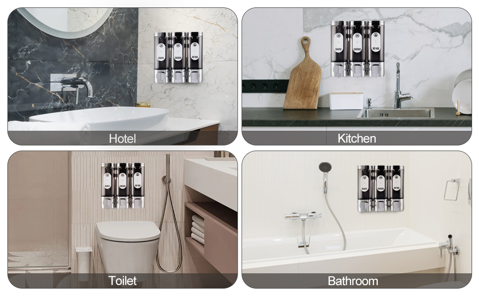 Vierteiliges Bild mit schwarzen Wandspendern im Badezimmer, in der Küche, im Toiletten- und Duschbereich. Die Beschriftungen zeigen die verschiedenen Nutzungsmöglichkeiten des Raumes an.