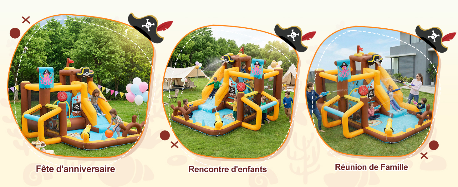 Le texte indique « Fête d'anniversaire », « Rencontre d'enfants », « Réunion de famille ». Trois images circulaires montrant une structure de jeu d'eau gonflable avec des toboggans en extérieur.