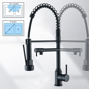 Grifo de cocina negro moderno con rociador desplegable, cuello enrollado flexible y control de una sola palanca. Incluye diagramas que muestran la compatibilidad de los fregaderos.