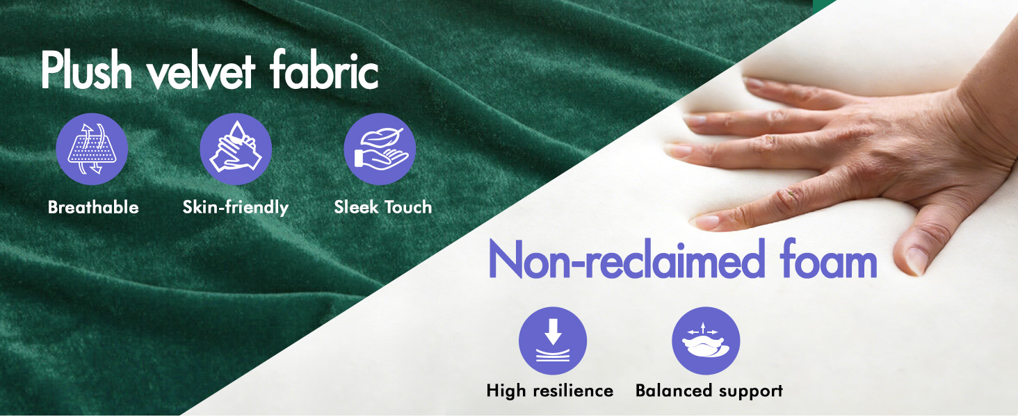 Text reads "Plush velvet fabric", "Breathable", "Skin-friendly", "Sleek Touch", "Non-reclaimed foam", "High resilience", "Balanced support". Material features showing green velvet texture and white foam components with benefit icons.