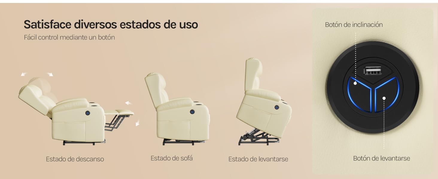 Imagen de cuatro paneles que muestra diferentes posiciones de una silla o asiento ajustable, con una pantalla circular con iconos azules iluminados