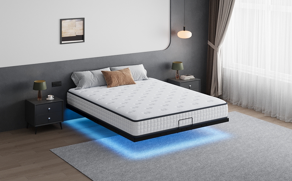 un matelas avec une lumière bleue en dessous.