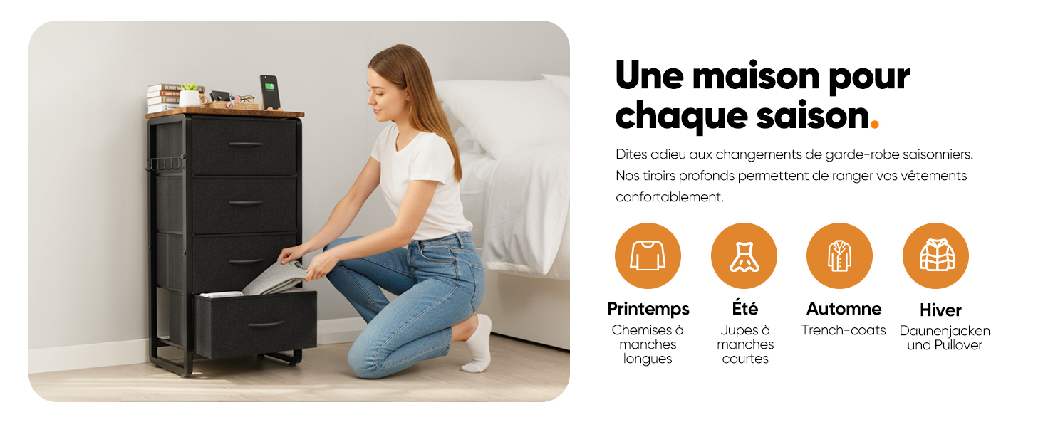 Le texte se lit comme suit : « Une maison pour chaque saison ». Images de démonstration de produits montrant un appareil ou un appareil de couleur foncée dans un environnement domestique.