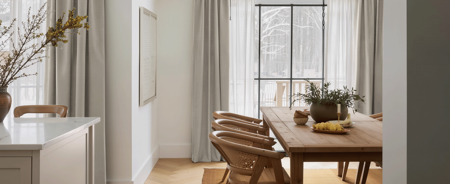 Distribución interior de la habitación que muestra un comedor con una mesa de madera, sillas y una ventana con cortinas.