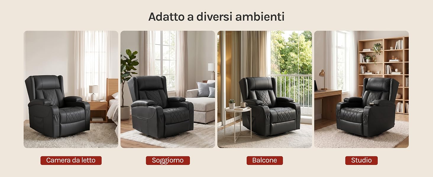 Il testo recita «Adotta o diversi ambienti» con quattro ambientazioni d'arredo interne visualizzate che mostrano poltrone e sedute in diversi ambienti domestici.
