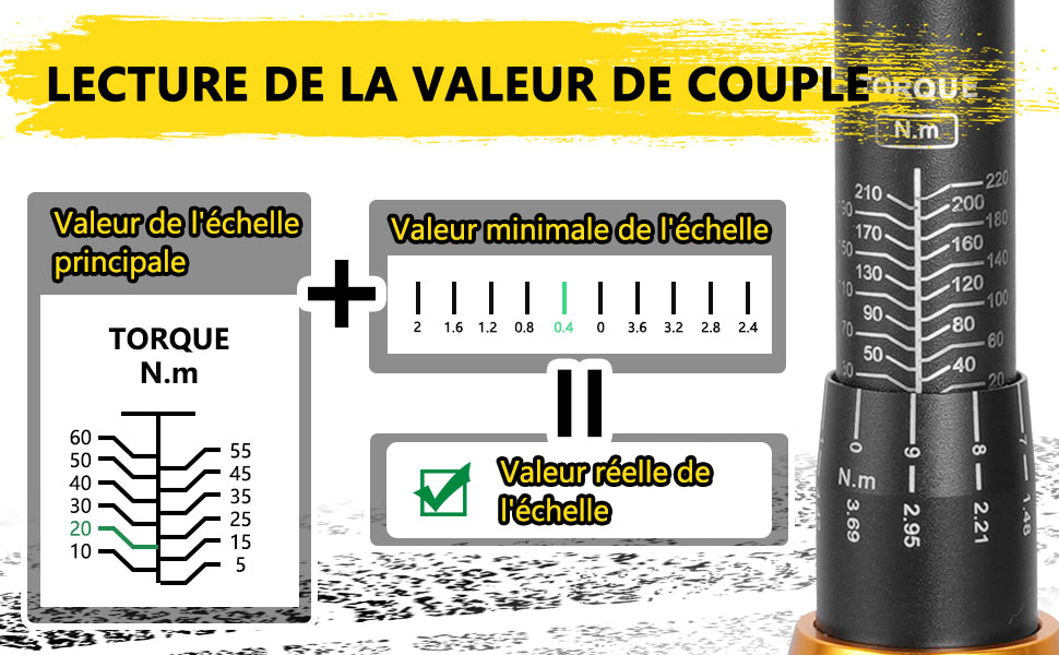 Le texte se lit comme suit : « LECTURE DE LA VALEUR DE COUPLE ». Schéma technique montrant les échelles de mesure du couple et les indicateurs en noir et jaune.