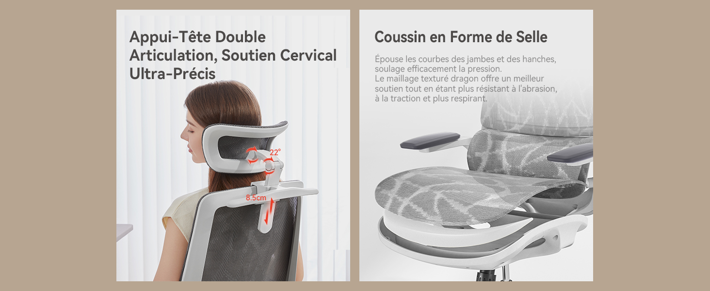 Le texte indique « Image 2 », « Double articulation après la tête, col inclinable » et « Coussin en forme de Selle ». Deux panneaux publicitaires présentant des équipements médicaux ou thérapeutiques.