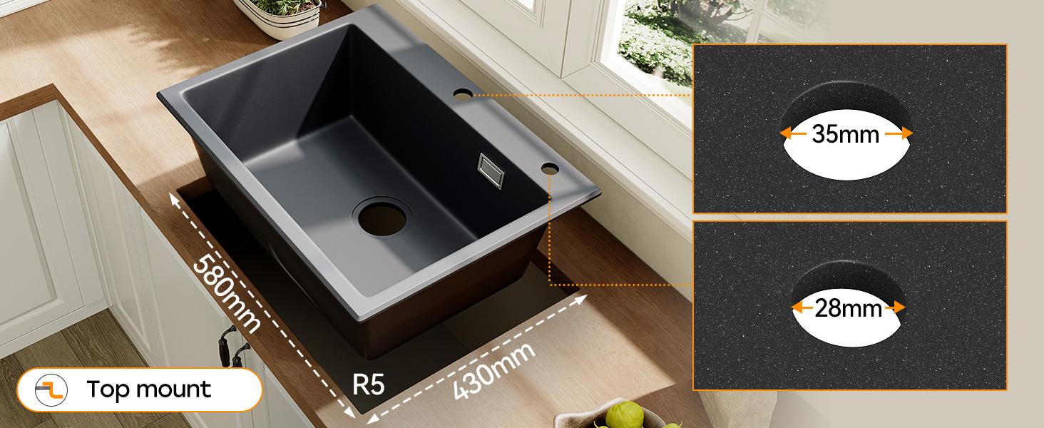 Black kitchen sink with single basin, top-mount installation. Features R5 corner radius, 530mm width, 430mm length. Two drain options: 35mm and 28mm diameter.