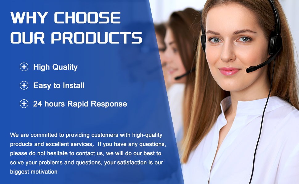 Marketing image highlighting product benefits: high quality, easy installation, and 24-hour rapid response. Features a customer service representative wearing a headset.