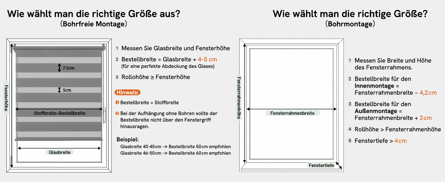 Der Text lautet „Wie wählt man die richtige Größe aus?“ und „Wie wählt man die richtige Größe?“ mit 'Balkonmontage' und 'Fensteranbringung'. Deutsche Betriebsanleitungen mit Maßdiagrammen mit Angaben zur Dimensionierung der Fenster- und Balkonmontage.