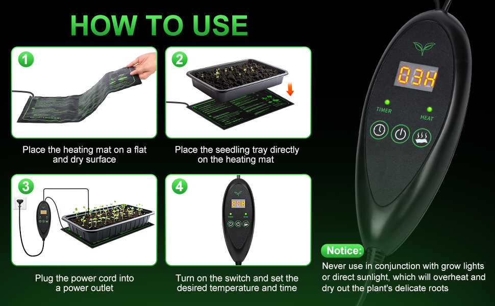 Guía de instrucciones paso a paso para una estera térmica con pantalla digital, que muestra cuatro pasos de configuración y funcionamiento con una pantalla LED verde.
