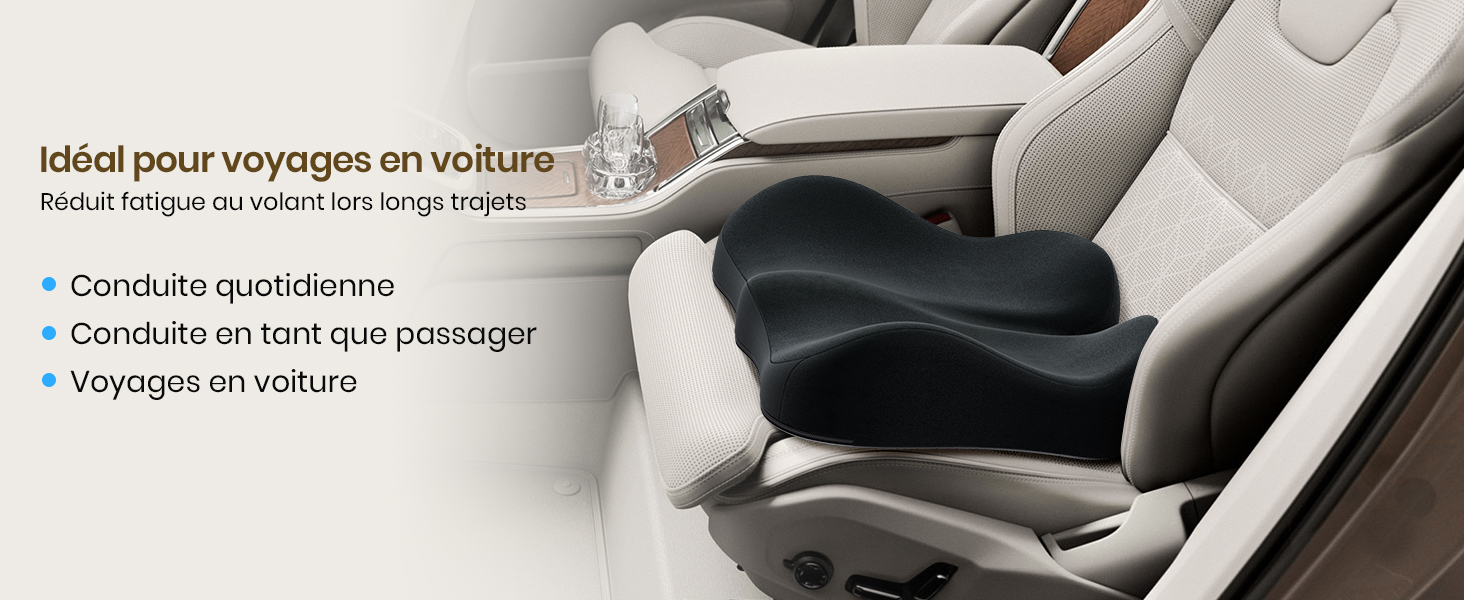 Le texte se lit comme suit : « Idéal pour voyages en voiture », « Conduire quotidienne », « Conduire un taxi (pas passager) », « Voyages en voiture ». Montre un siège auto avec rembourrage ergonomique.