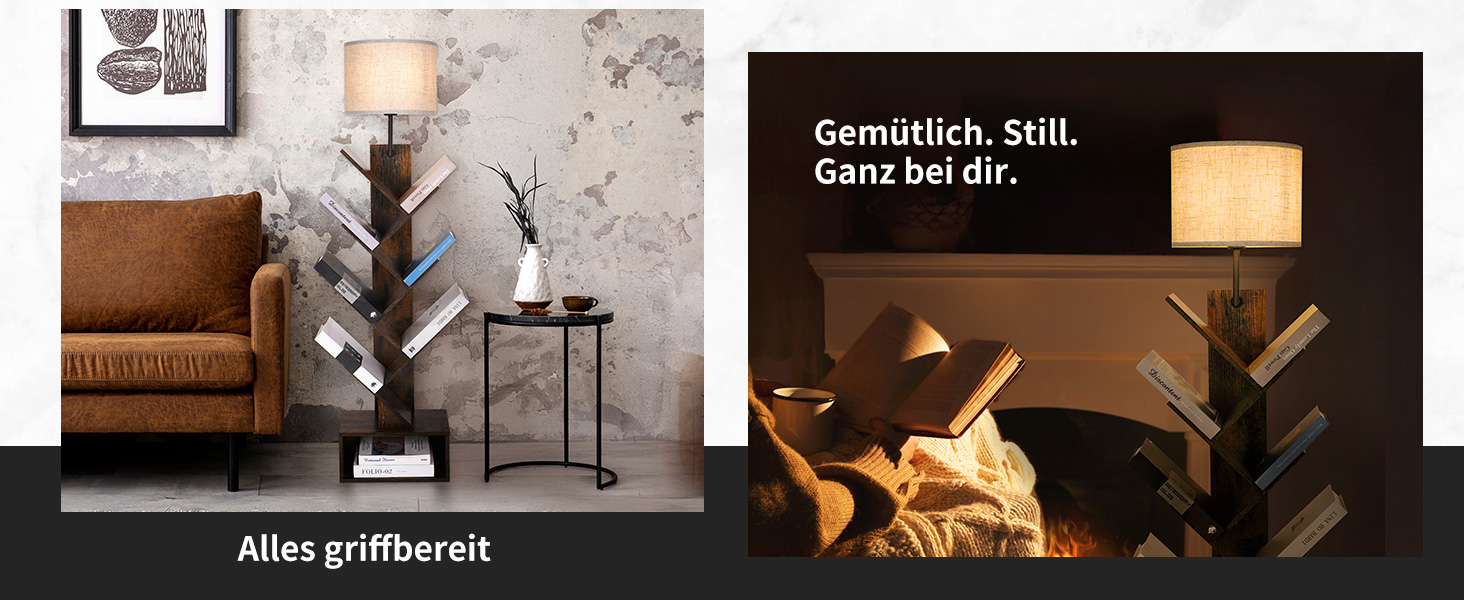 Der Text lautet „Gemütlich. Zeit ein Pad...“. Innenaufnahmen zeigen komfortable Wohnräume mit Umgebungsbeleuchtung und Kamin.